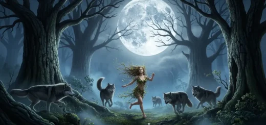 Mulher correndo com lobos em uma floresta sob a lua cheia, representação do arquétipo feminino em Mulheres que Correm com os Lobos