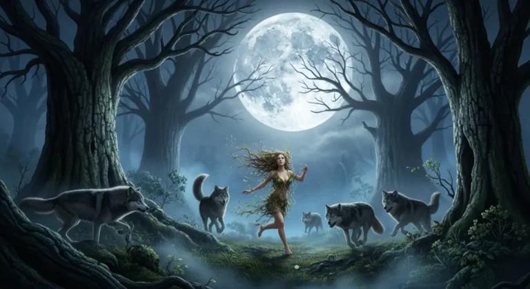 Mulher correndo com lobos em uma floresta sob a lua cheia, representação do arquétipo feminino em Mulheres que Correm com os Lobos