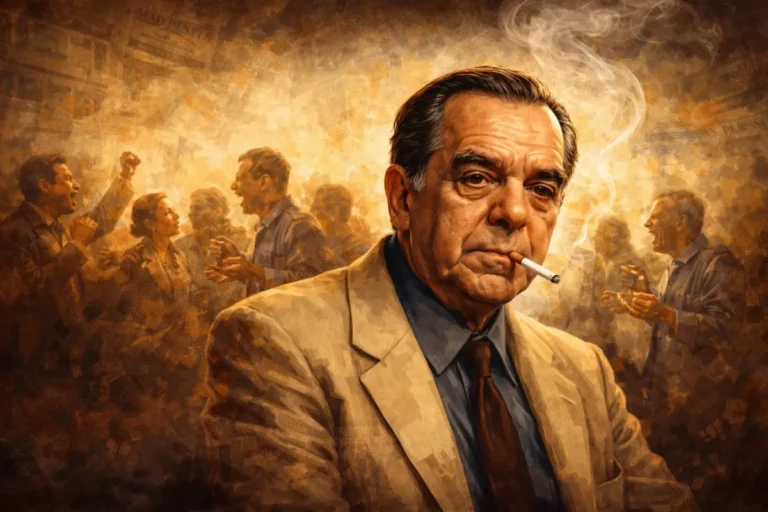 Ilustração de Nelson Rodrigues com expressão pensativa diante de pessoas discutindo, representando a polarização social no Brasil