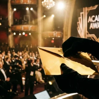 momento do anúncio do vencedor no Oscar com envelope sendo aberto no palco