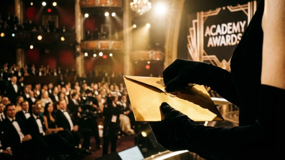 momento do anúncio do vencedor no Oscar com envelope sendo aberto no palco
