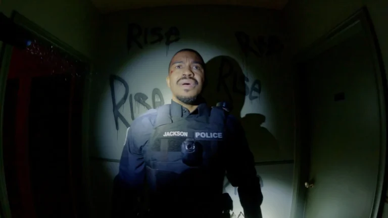 Policial com câmera corporal em cena do filme POV: Presença Oculta (Bodycam), terror found footage de Brandon Christensen.