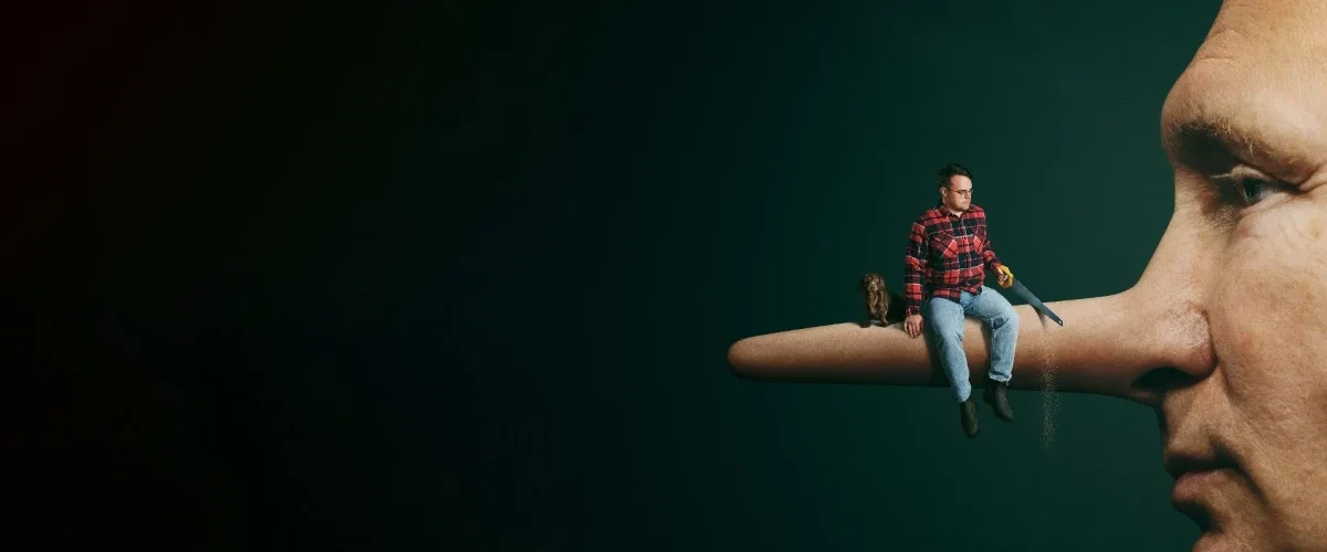 Ilustração de Vladimir Putin com nariz de Pinóquio simbolizando propaganda política na Rússia