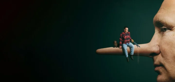 Ilustração de Vladimir Putin com nariz de Pinóquio simbolizando propaganda política na Rússia