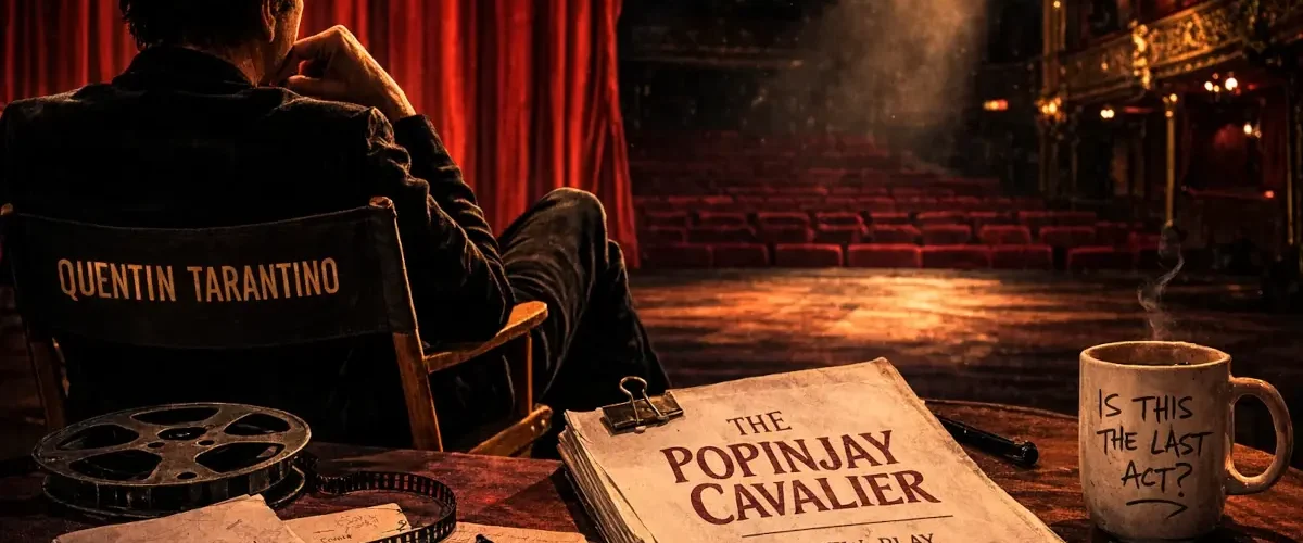 Quentin Tarantino olhando um palco de teatro vazio enquanto considera sua peça The Popinjay Cavalier para o West End de Londres.