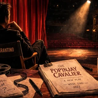 Quentin Tarantino olhando um palco de teatro vazio enquanto considera sua peça The Popinjay Cavalier para o West End de Londres.