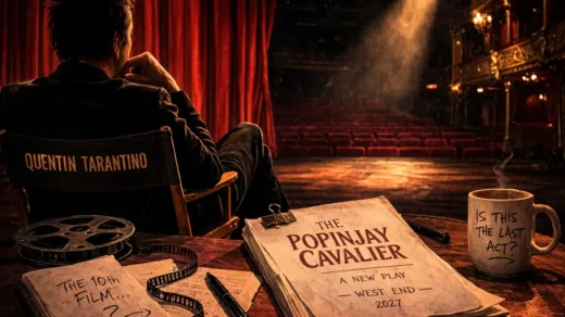 Quentin Tarantino olhando um palco de teatro vazio enquanto considera sua peça The Popinjay Cavalier para o West End de Londres.