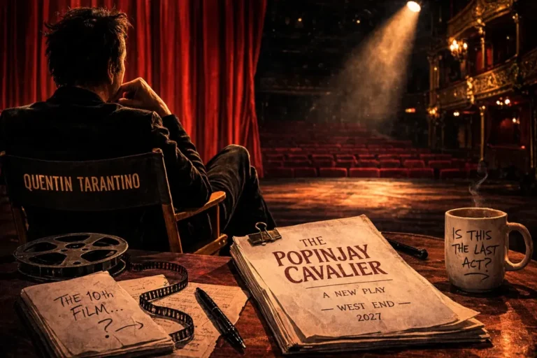 Quentin Tarantino olhando um palco de teatro vazio enquanto considera sua peça The Popinjay Cavalier para o West End de Londres.