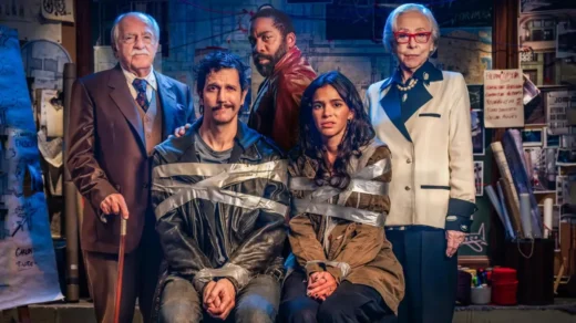 Elenco do filme Velhos Bandidos (2026) reunido em cena promocional com Fernanda Montenegro, Ary Fontoura, Bruna Marquezine, Vladimir Brichta e Lázaro Ramos