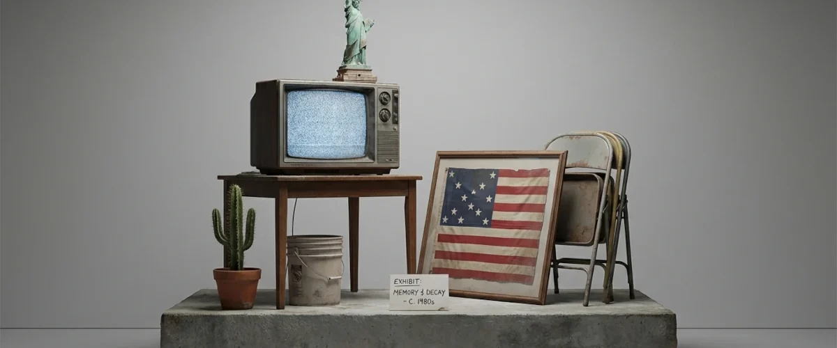 Instalação minimalista com TV antiga, Estátua da Liberdade, bandeira americana e objetos vintage representando memória e contracultura em Vineland