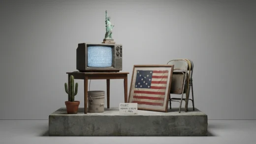 Instalação minimalista com TV antiga, Estátua da Liberdade, bandeira americana e objetos vintage representando memória e contracultura em Vineland