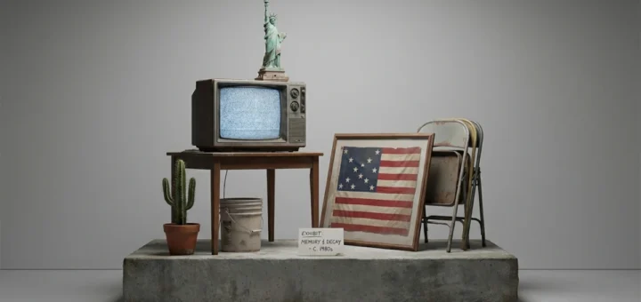 Instalação minimalista com TV antiga, Estátua da Liberdade, bandeira americana e objetos vintage representando memória e contracultura em Vineland