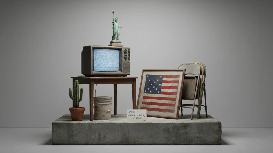 Instalação minimalista com TV antiga, Estátua da Liberdade, bandeira americana e objetos vintage representando memória e contracultura em Vineland