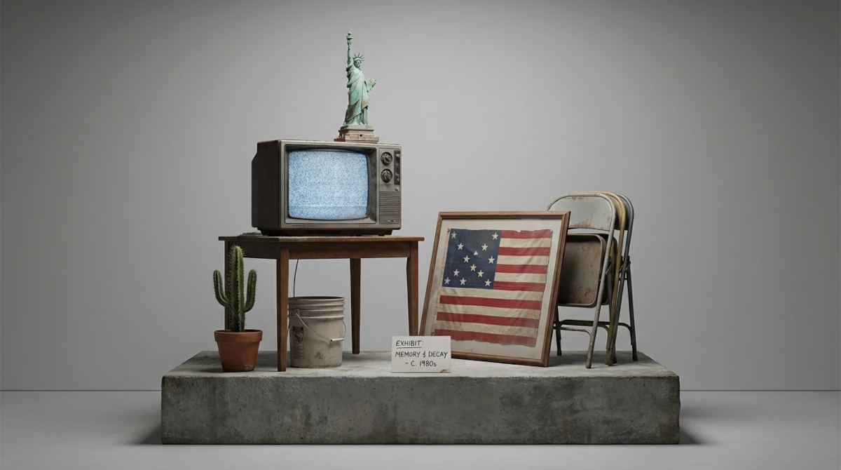 Instalação minimalista com TV antiga, Estátua da Liberdade, bandeira americana e objetos vintage representando memória e contracultura em Vineland