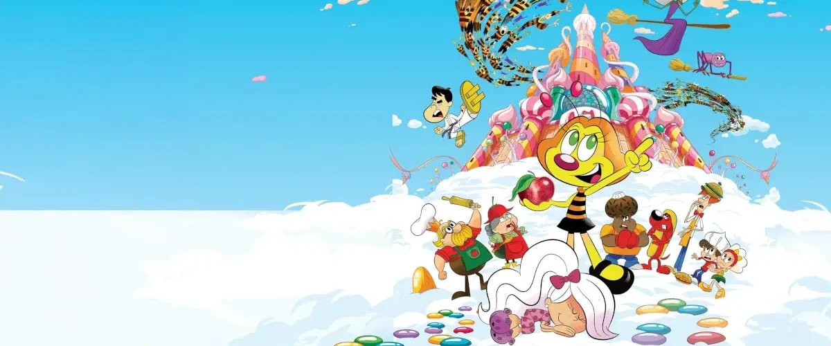 Cena de Zuzubalândia — O Filme (2024) mostrando o reino de doces e a personagem Zuzu diante do castelo de comida