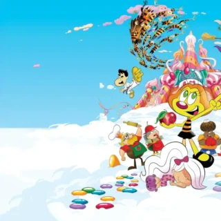 Cena de Zuzubalândia — O Filme (2024) mostrando o reino de doces e a personagem Zuzu diante do castelo de comida