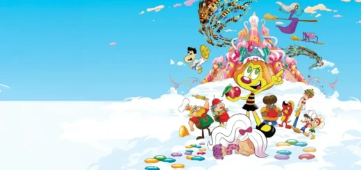 Cena de Zuzubalândia — O Filme (2024) mostrando o reino de doces e a personagem Zuzu diante do castelo de comida