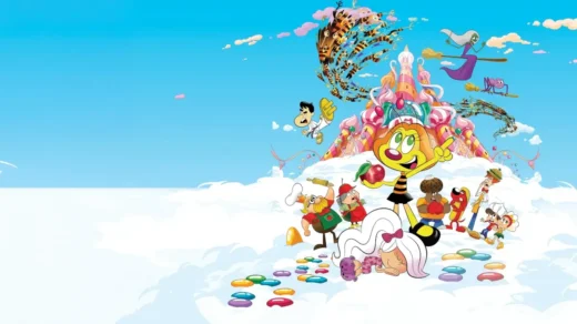 Cena de Zuzubalândia — O Filme (2024) mostrando o reino de doces e a personagem Zuzu diante do castelo de comida