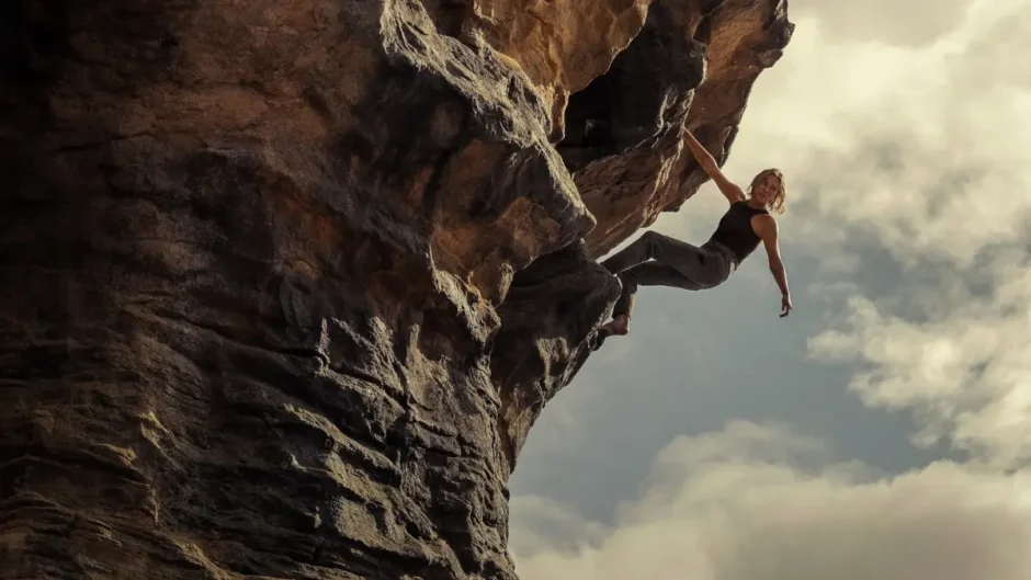 Cena de sobrevivência em penhasco no filme Apex (2026), O Jogo do Predador, com protagonista em risco extremo