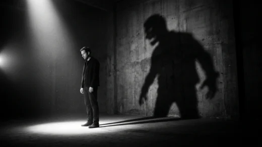 Homem iluminado projetando uma sombra monstruosa na parede, representando o arquétipo da sombra na teoria de Carl Jung