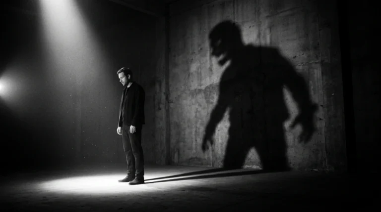 Homem iluminado projetando uma sombra monstruosa na parede, representando o arquétipo da sombra na teoria de Carl Jung