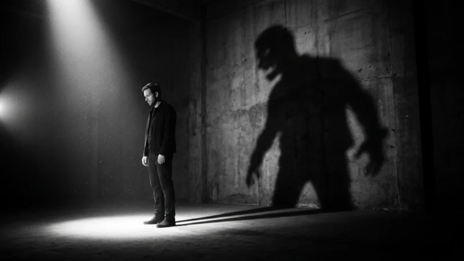 Homem iluminado projetando uma sombra monstruosa na parede, representando o arquétipo da sombra na teoria de Carl Jung