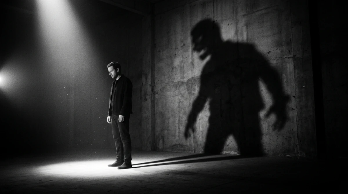Homem iluminado projetando uma sombra monstruosa na parede, representando o arquétipo da sombra na teoria de Carl Jung