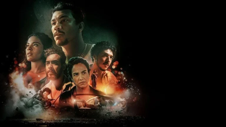 Elenco do filme Cinco Tipos de Medo em montagem com cenas urbanas de Cuiabá e atmosfera dramática