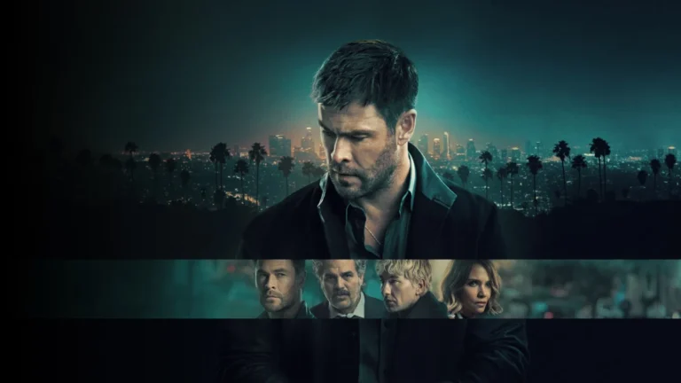 Chris Hemsworth em Crime 101 no Prime Video com skyline de Los Angeles ao fundo