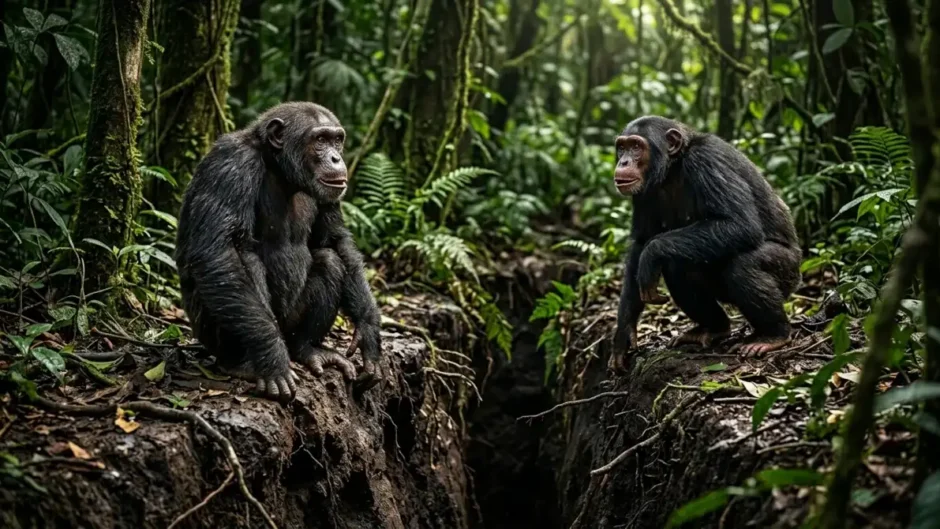 A Guerra Civil dos Chimpanzés de Ngogo: quando aliados viram inimigos 1 Dois chimpanzés separados por um abismo na floresta, simbolizando a ruptura social na guerra civil dos chimpanzés de Ngogo, Uganda