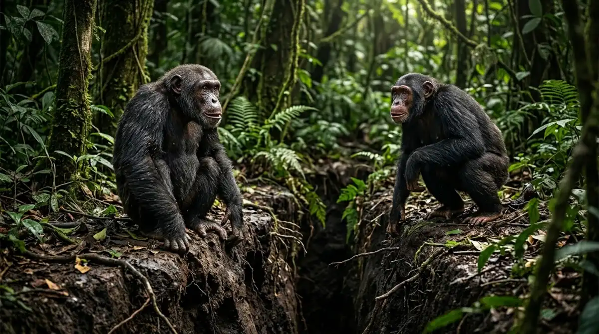 Dois chimpanzés separados por um abismo na floresta, simbolizando a ruptura social na guerra civil dos chimpanzés de Ngogo, Uganda