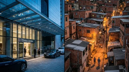 Contraste entre clínica de luxo nos Jardins e comunidade periférica ilustrando desigualdade no acesso ao aborto no Brasil