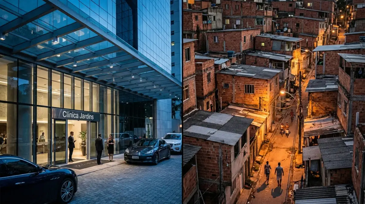 Contraste entre clínica de luxo nos Jardins e comunidade periférica ilustrando desigualdade no acesso ao aborto no Brasil
