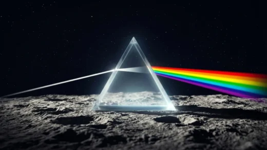 prisma de vidro refratando luz em arco-íris sobre a superfície lunar representando o lado oculto da Lua e o álbum Dark Side of the Moon do Pink Floyd