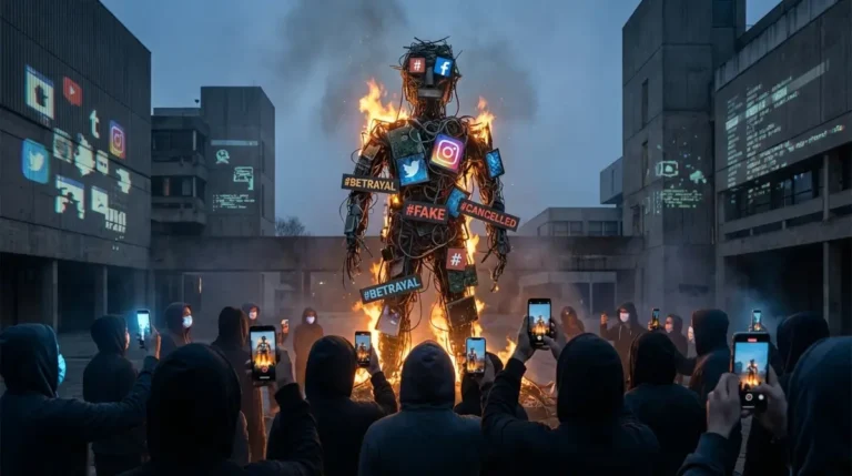 boneco de Judas com símbolos de redes sociais sendo queimado, representação do cancelamento coletivo