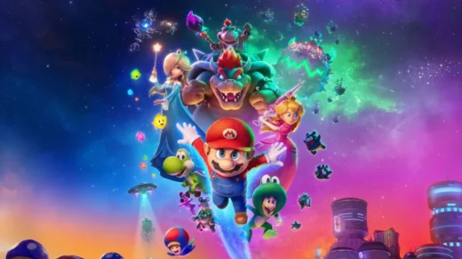 Super Mario Galaxy O Filme com Mario, Rosalina, Peach e Bowser em cenário espacial colorido
