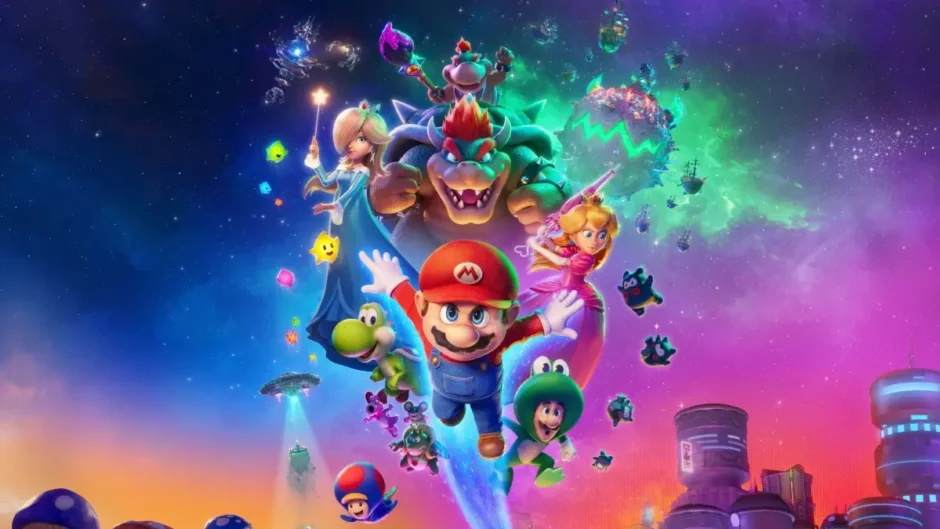 Super Mario Galaxy O Filme com Mario, Rosalina, Peach e Bowser em cenário espacial colorido