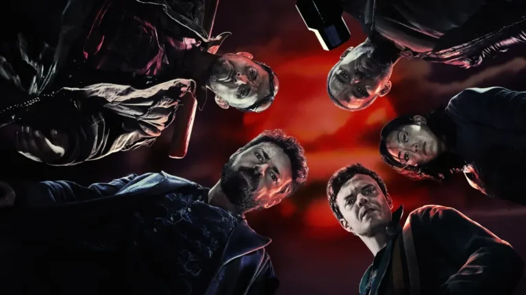 Personagens da série The Boys olhando para baixo em cena com fundo vermelho, simbolizando poder e tensão