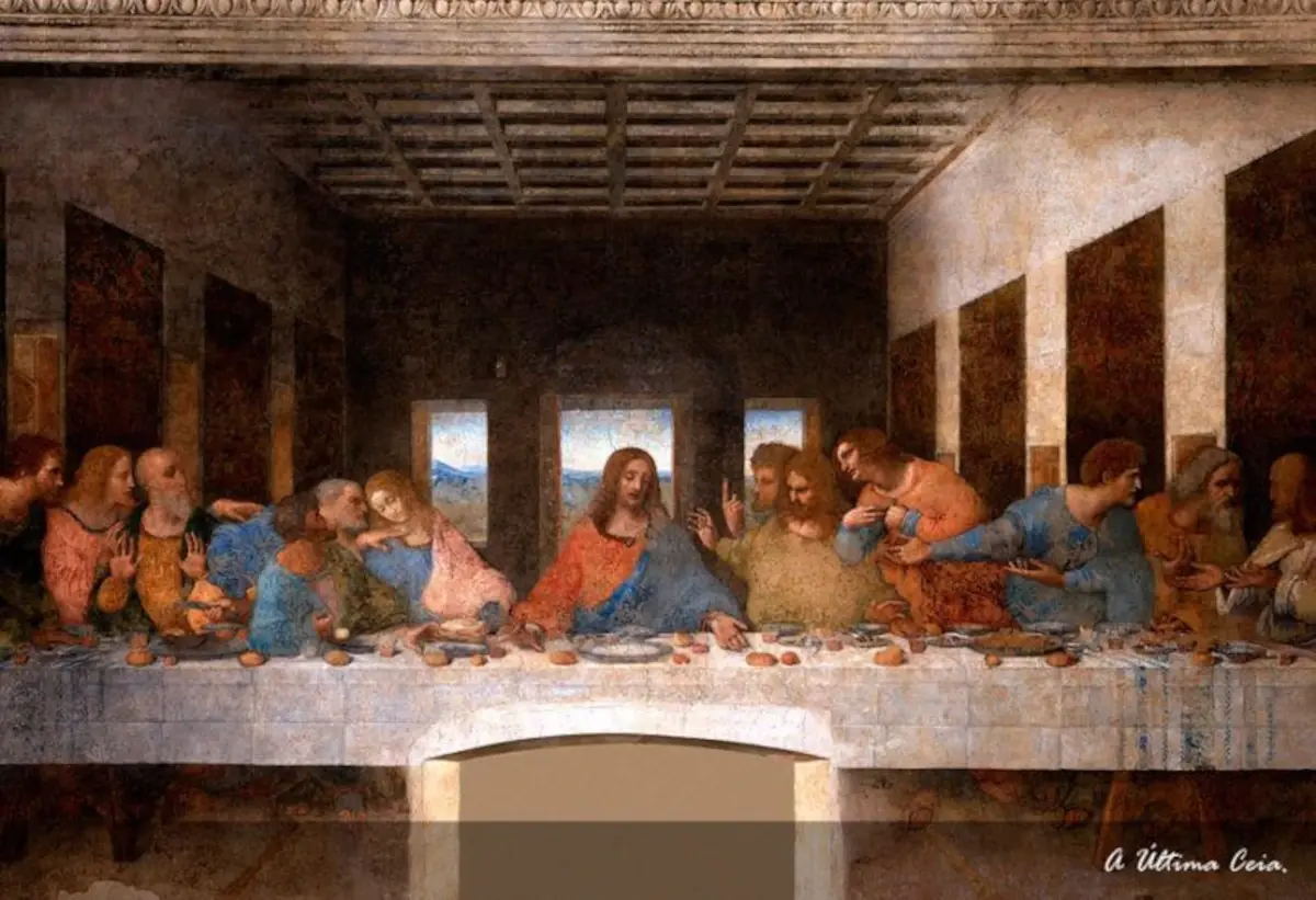 Pintura A Última Ceia de Leonardo da Vinci com Jesus e os doze apóstolos à mesa