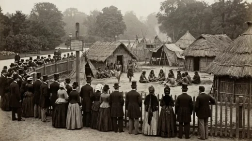 Zoológicos humanos na Europa: exposição de pessoas em aldeia simulada sendo observadas por público no século XIX