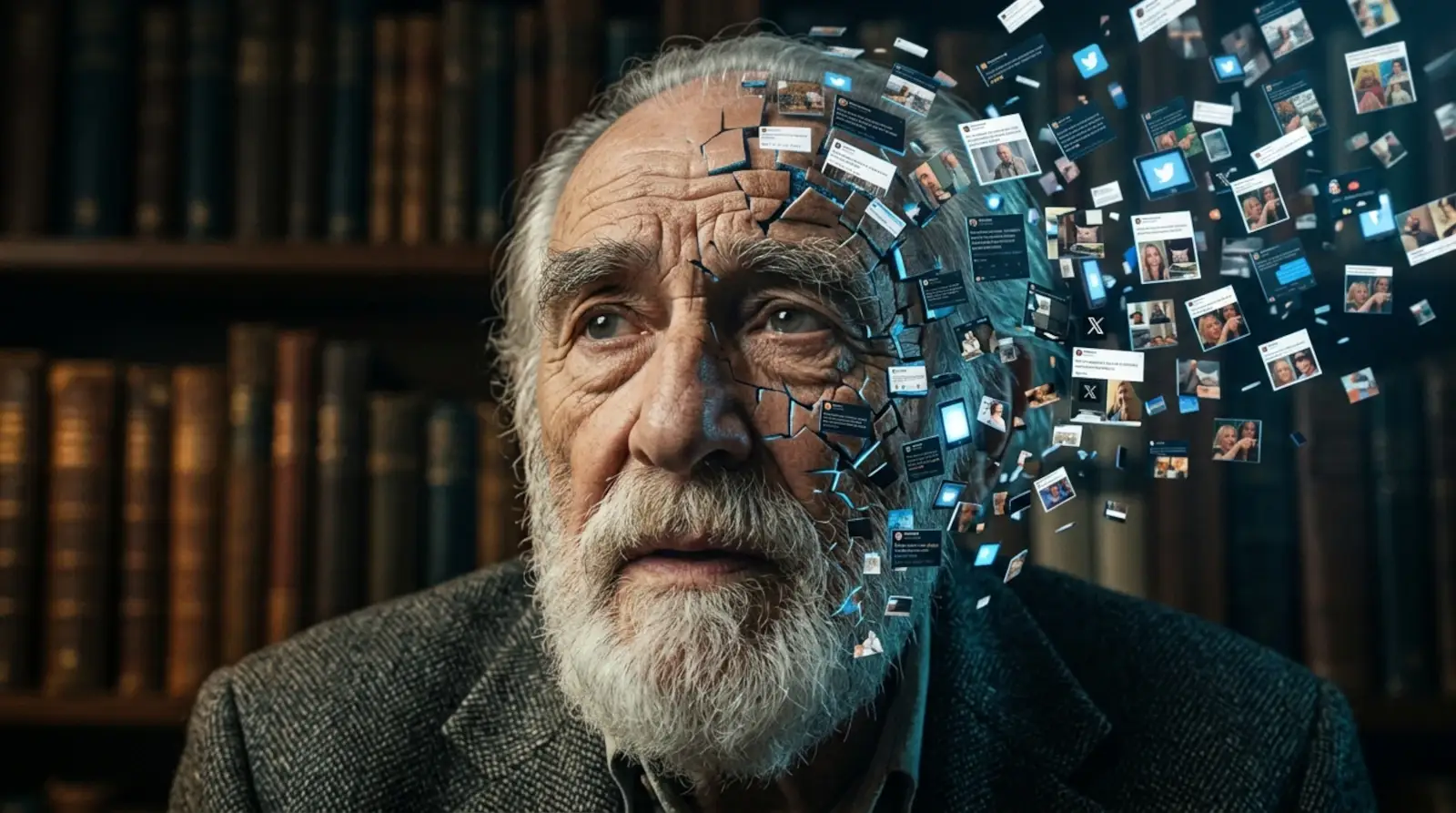Retrato de um filósofo se fragmentando em publicações digitais, simbolizando a transformação do pensamento complexo em conteúdo de redes sociais.