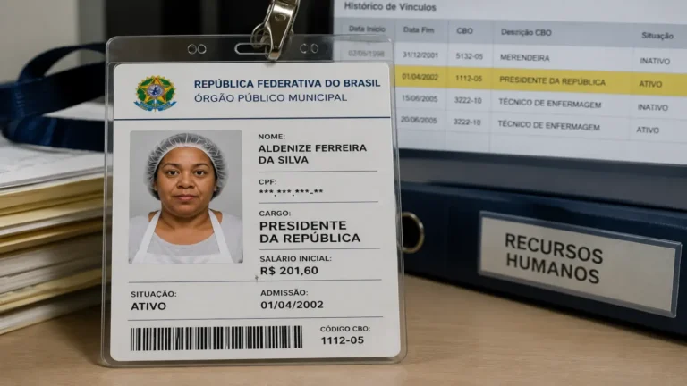 A brasileira que descobriu ter sido “presidente da República” por 24 anos 1 Ilustração conceitual de um crachá administrativo mostrando uma técnica de enfermagem registrada como presidente da República por erro no CNIS, com salário de R$ 201,60.