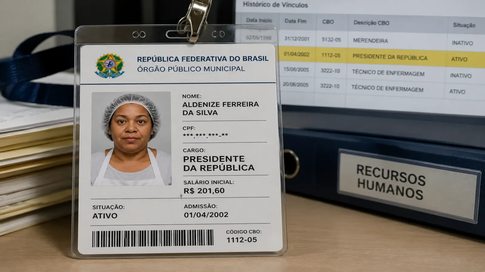 A brasileira que descobriu ter sido “presidente da República” por 24 anos 1 Ilustração conceitual de um crachá administrativo mostrando uma técnica de enfermagem registrada como presidente da República por erro no CNIS, com salário de R$ 201,60.