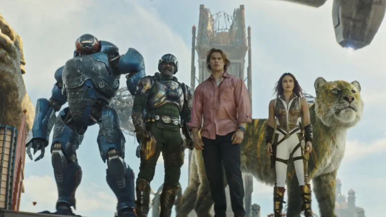 Cena do filme He-Man: Mestres do Universo (2026) mostrando Príncipe Adam ao lado de aliados em Eternia
