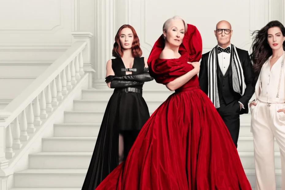 Elenco de O Diabo Veste Prada 2 com figurinos de alta moda em cenário sofisticado