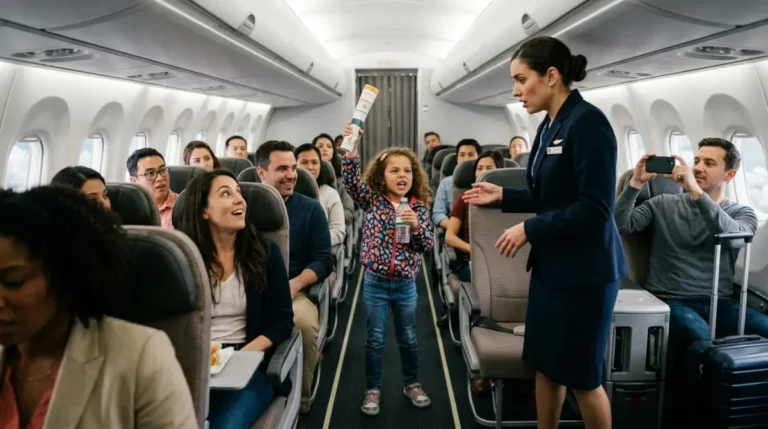 Menina pregando dentro de um avião enquanto comissária tenta conter situação e passageiros observam