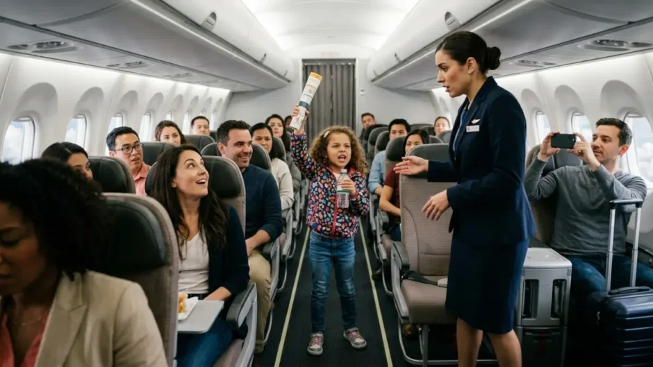 Menina pregando dentro de um avião enquanto comissária tenta conter situação e passageiros observam