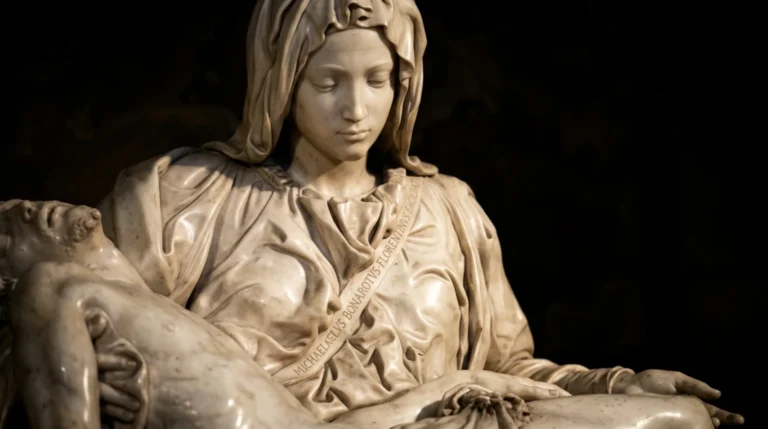 Escultura Pietà de Michelangelo mostrando a Virgem Maria segurando Jesus Cristo