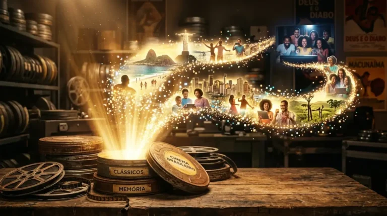 Tela Brasil: o streaming público que coloca o cinema nacional na sua tela — de graça 1 Latas de filmes antigos liberam feixes de luz que representam a memória audiovisual brasileira chegando ao streaming público Tela Brasil.