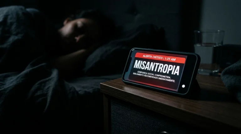 Smartphone mostrando alerta Misantropia em quarto escuro durante a noite.